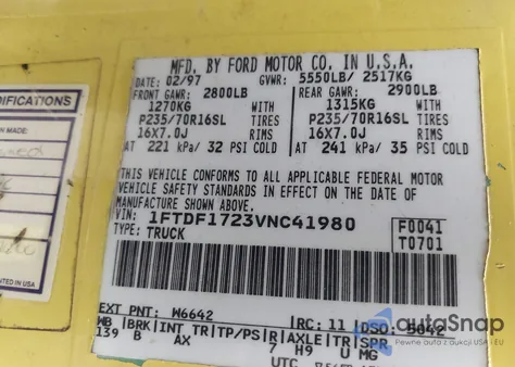 1997 Ford F150 from USA, damaged, VIN 1FTDF1723VNC41980